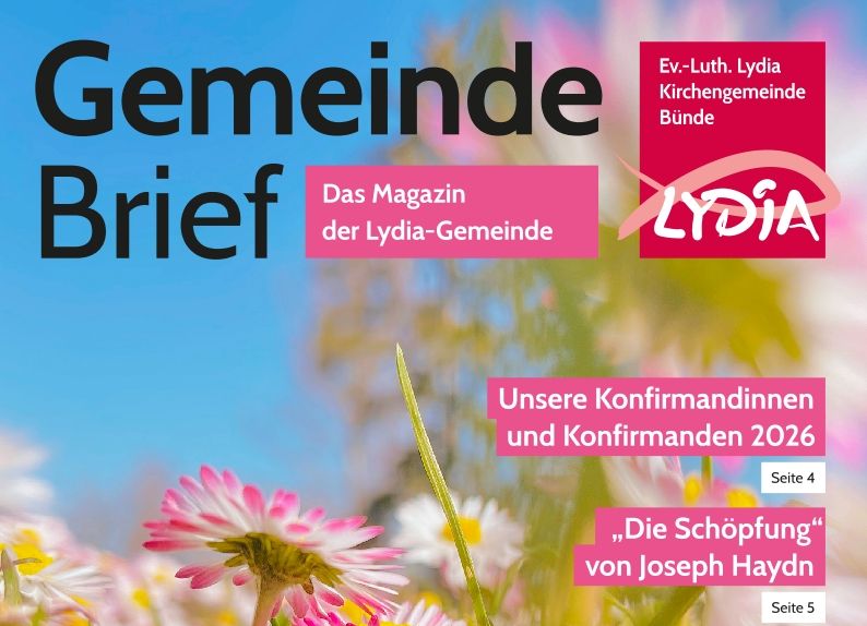 Das Titelbild des Gemeindebriefs zeigt eine Gänseblümchenwiiese und listet die Themen des Gemeindebriefs auf.