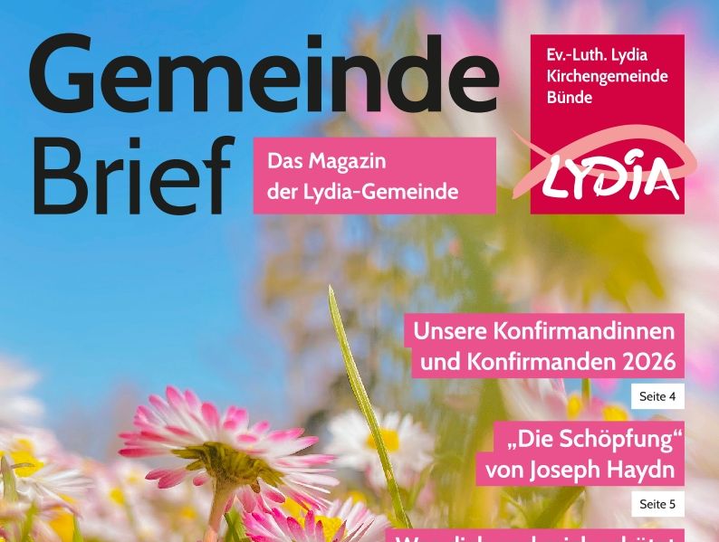 Das Titelbild des Gemeindebriefs zeigt eine Gänseblümchenwiiese und listet die Themen des Gemeindebriefs auf.