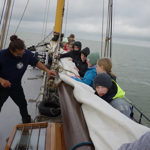 Jugendliche holen bei der Segelfreizeit das Segel ein